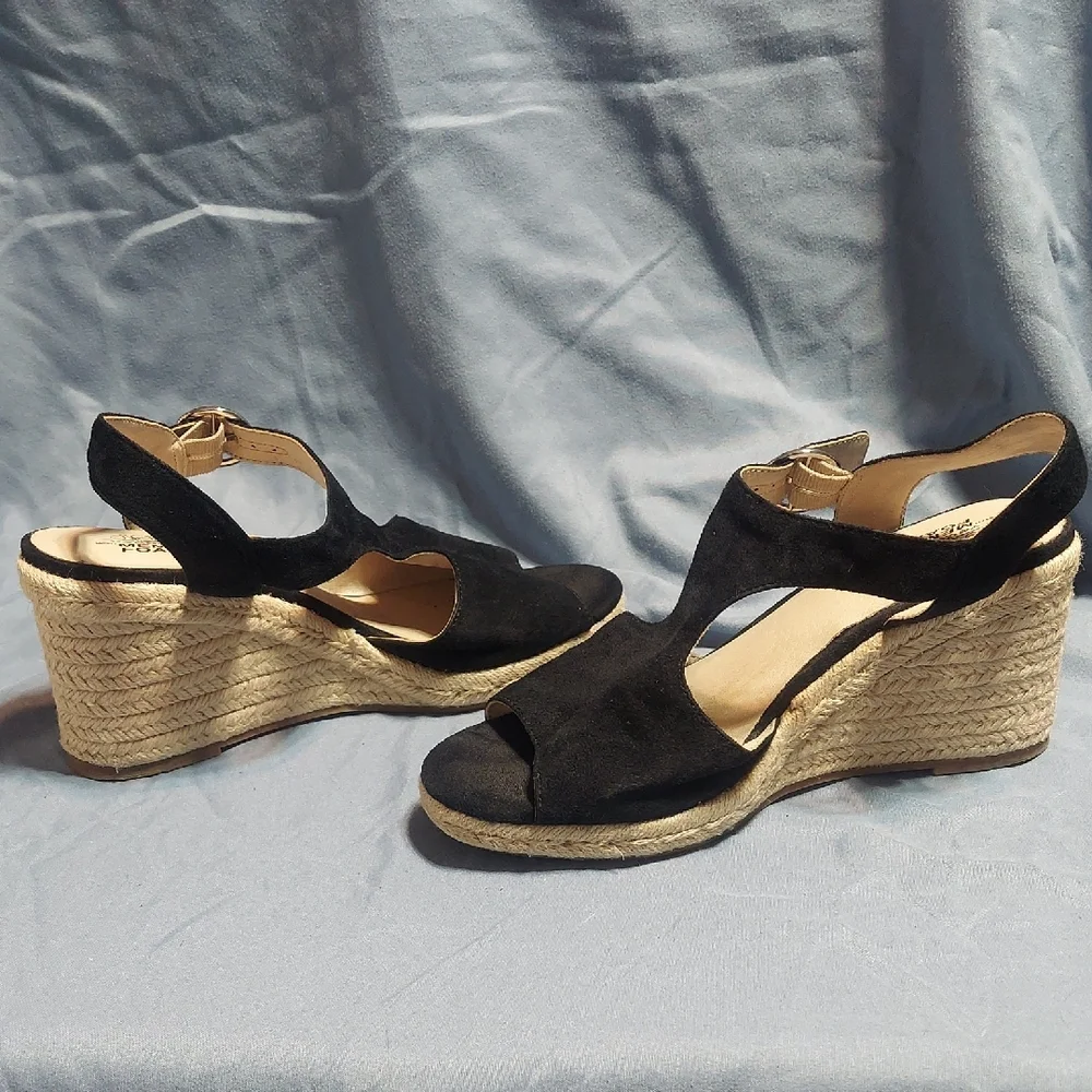 LifeStride Black Faux Suede Espadrille Wedge Sandals Open Toe Ankle Strap Size 8